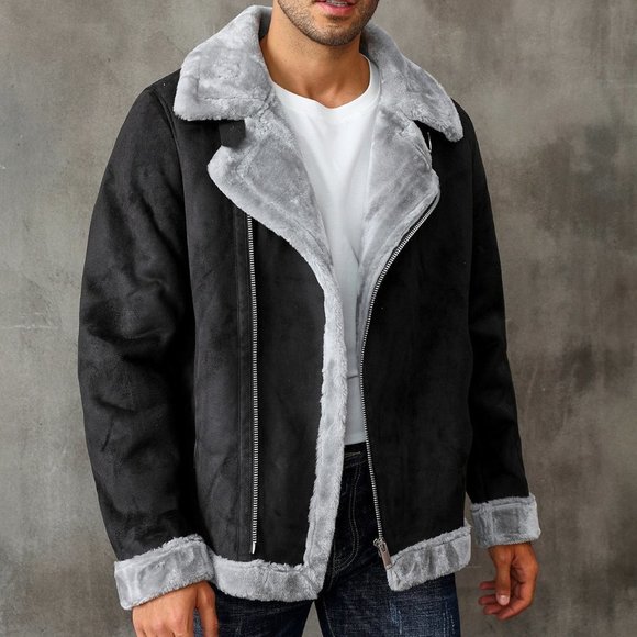 . Other - Black Casual Mens Zip Up Lapel Neck Teddy Lined Coat